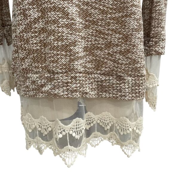 Brown Knit Tunic Top - Sheer Lace Hemline Boho Chic Cottagecore Retro Feminine - Picture 7 of 7